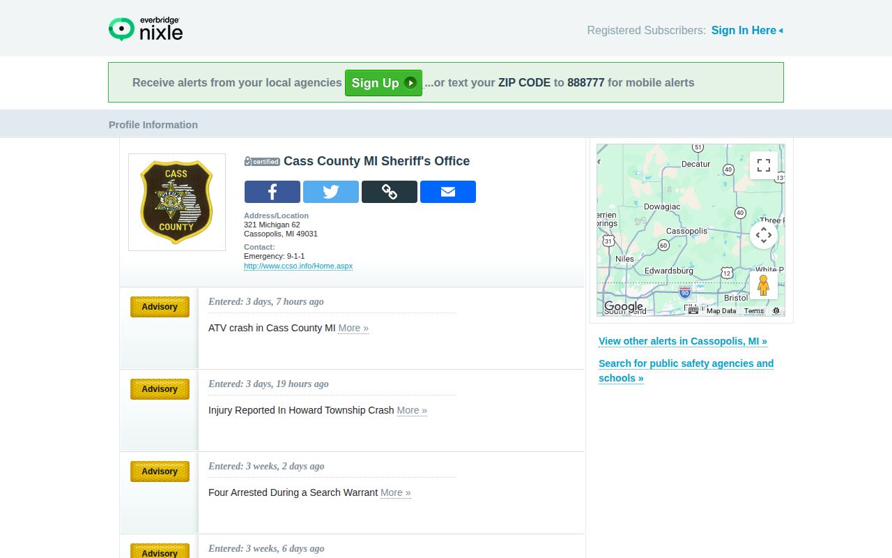 Cass County Sheriff Nixle public safety alert page