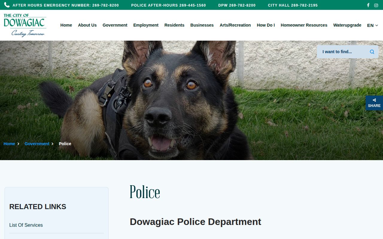 Dowagiac municipal police webpage used for official department information