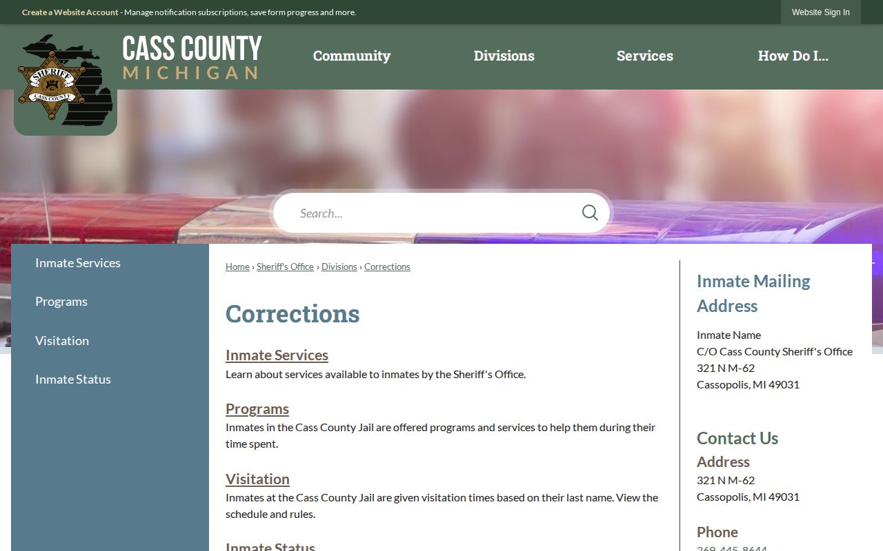 Cass County Corrections page with Inmate Status link