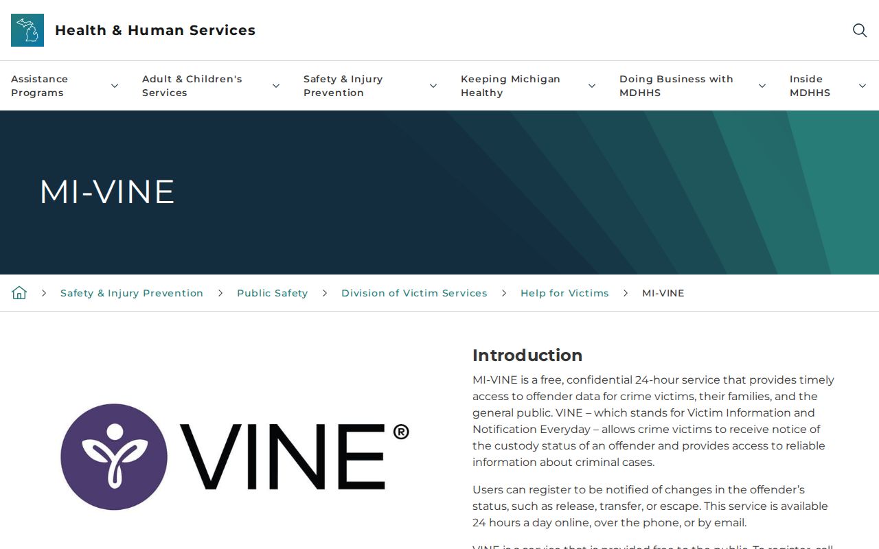 Official Michigan MI-VINE information page for custody notifications