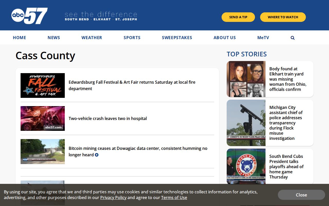 ABC57 Cass County news section with event-driven local reporting